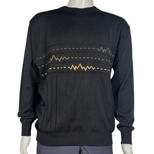 L Tagio Mens Merino Wool Blend Sweater Black Made in Italy Pull Over Preppy